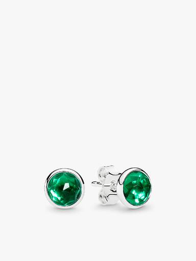 May birthstone silver stud earrings with royal green crystal