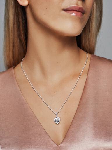 PANDORA logo silver heart pendant with clear cubic zirconia