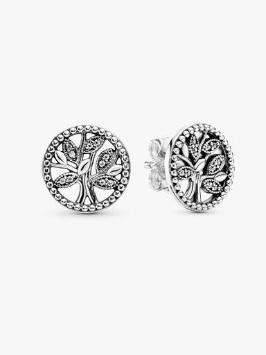 Family tree silver stud earrings with clear cubic zirconia