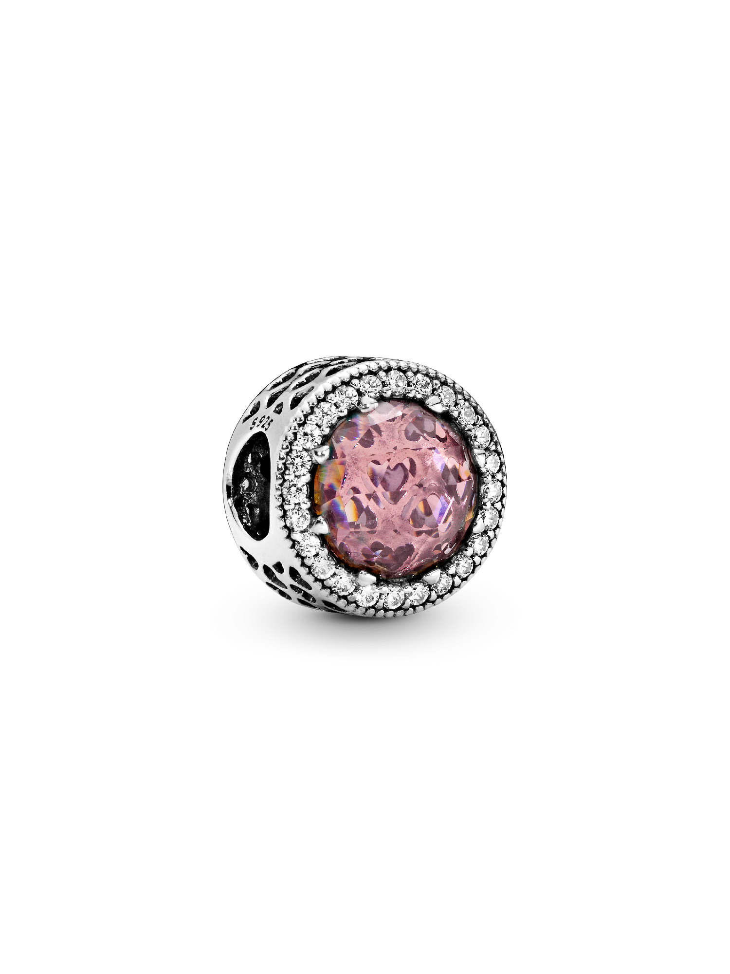 Abstract silver charm with blush pink crystal and clear cubic zirconia