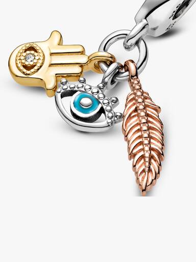 Charm Pendente Espiritualidade Mão de Hamsa, Olho que Tudo Vê e Pena