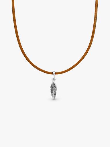 Feather pendant and choker with golden tan leather and pink cubic zirconia