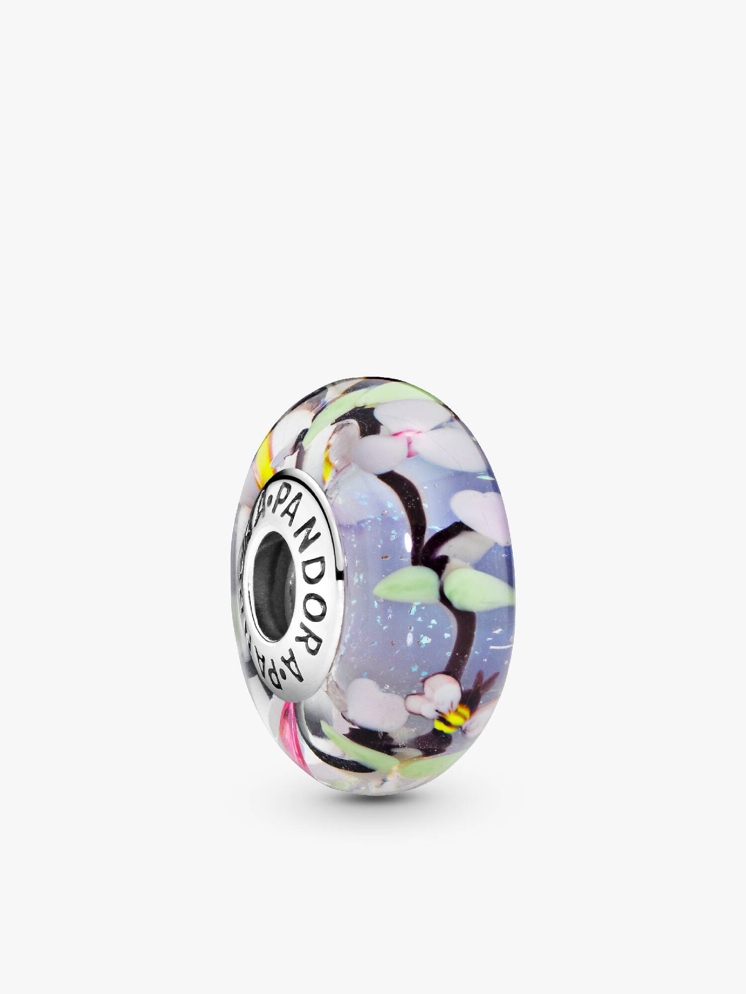 Bee silver charm with iridescent, black, green, white, purple and transparent Murano glass and pink German glass