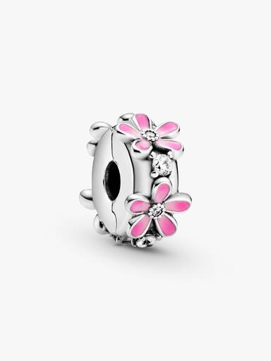 Daisy sterling silver clip with clear cubic zirconia, shaded pink enamel and silicone grip