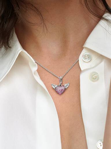 Heart and wings sterling silver pendant with phlox pink crystal and necklace