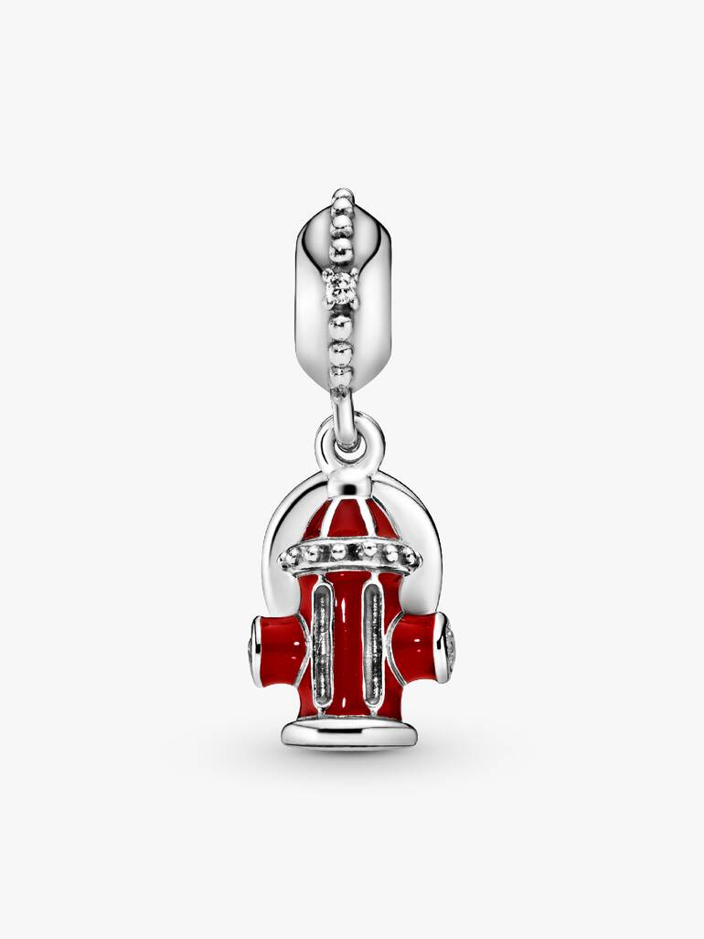 Fire hat and fire tap silver dangle with red, black enamel and clear cubic zirconia