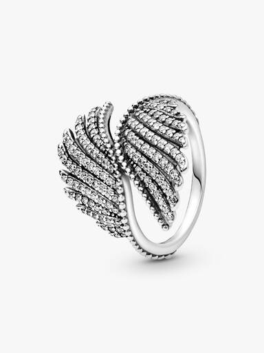 Phoenix feather silver ring with clear cubic zirconia