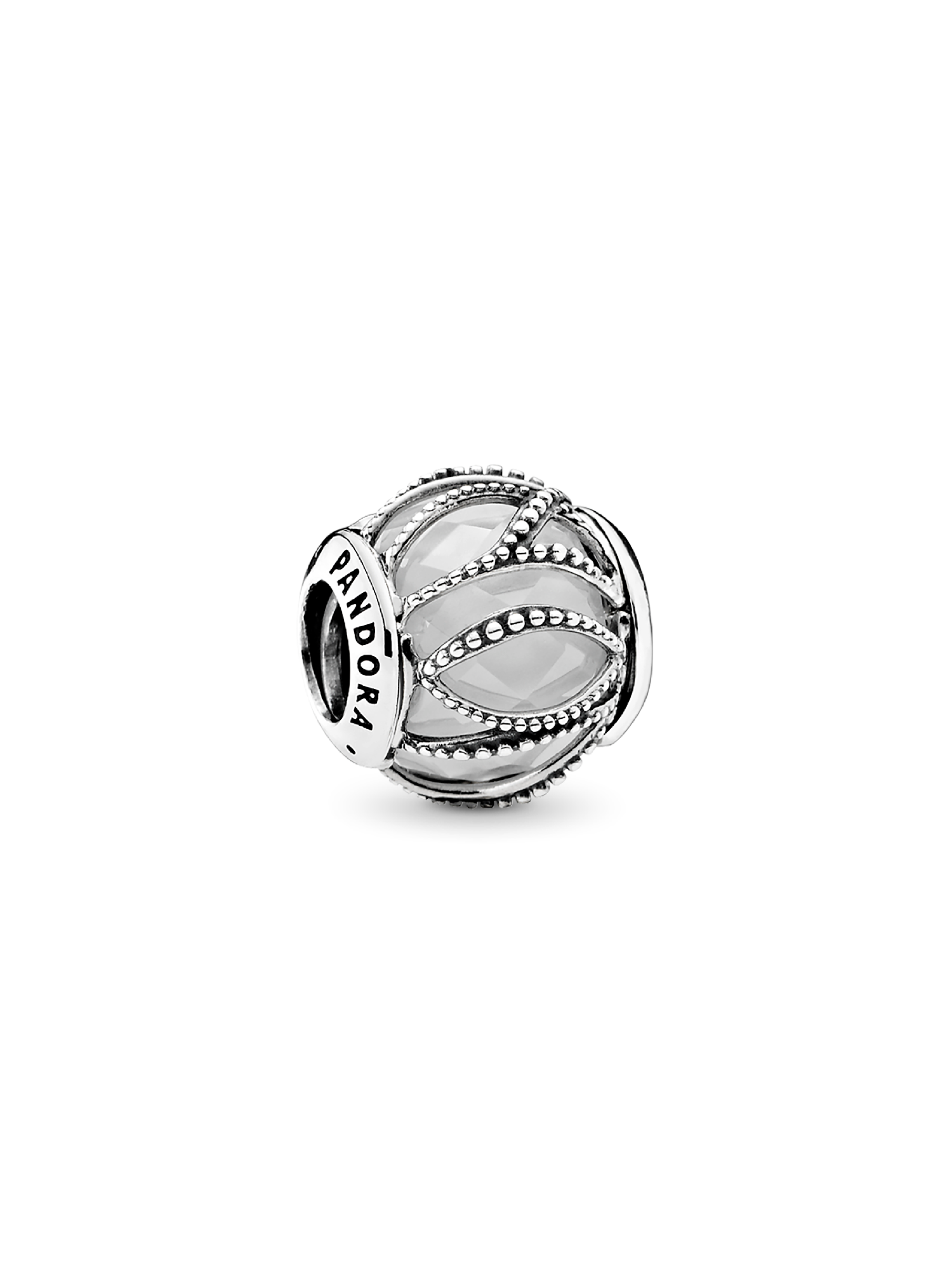 Abstract silver charm with faceted clear cubic zirconia