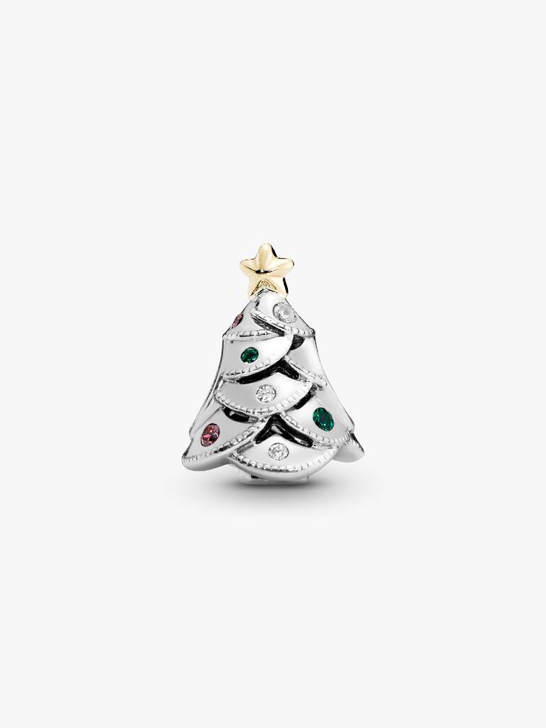 Christmas tree silver charm with 14k, clear cubic zirconia, red cubic zirconia and green crystal