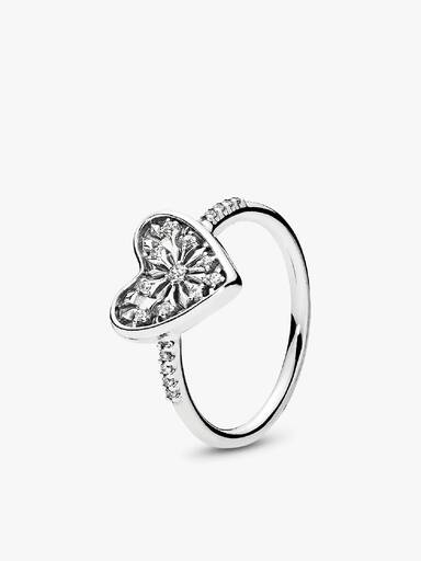 Ice crystal heart silver ring with clear cubic zirconia