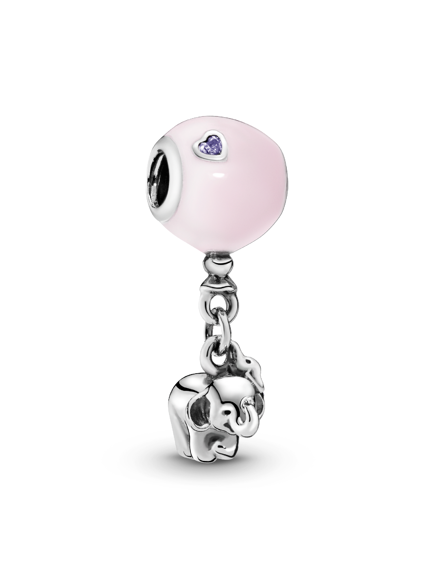 Balloon and elephant silver charm with pink enamel and royal purple crystal