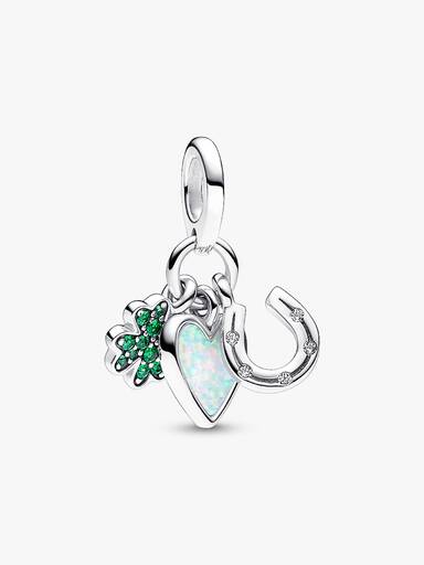 Charm Pendente Triplo Coração Trevo e Ferradura