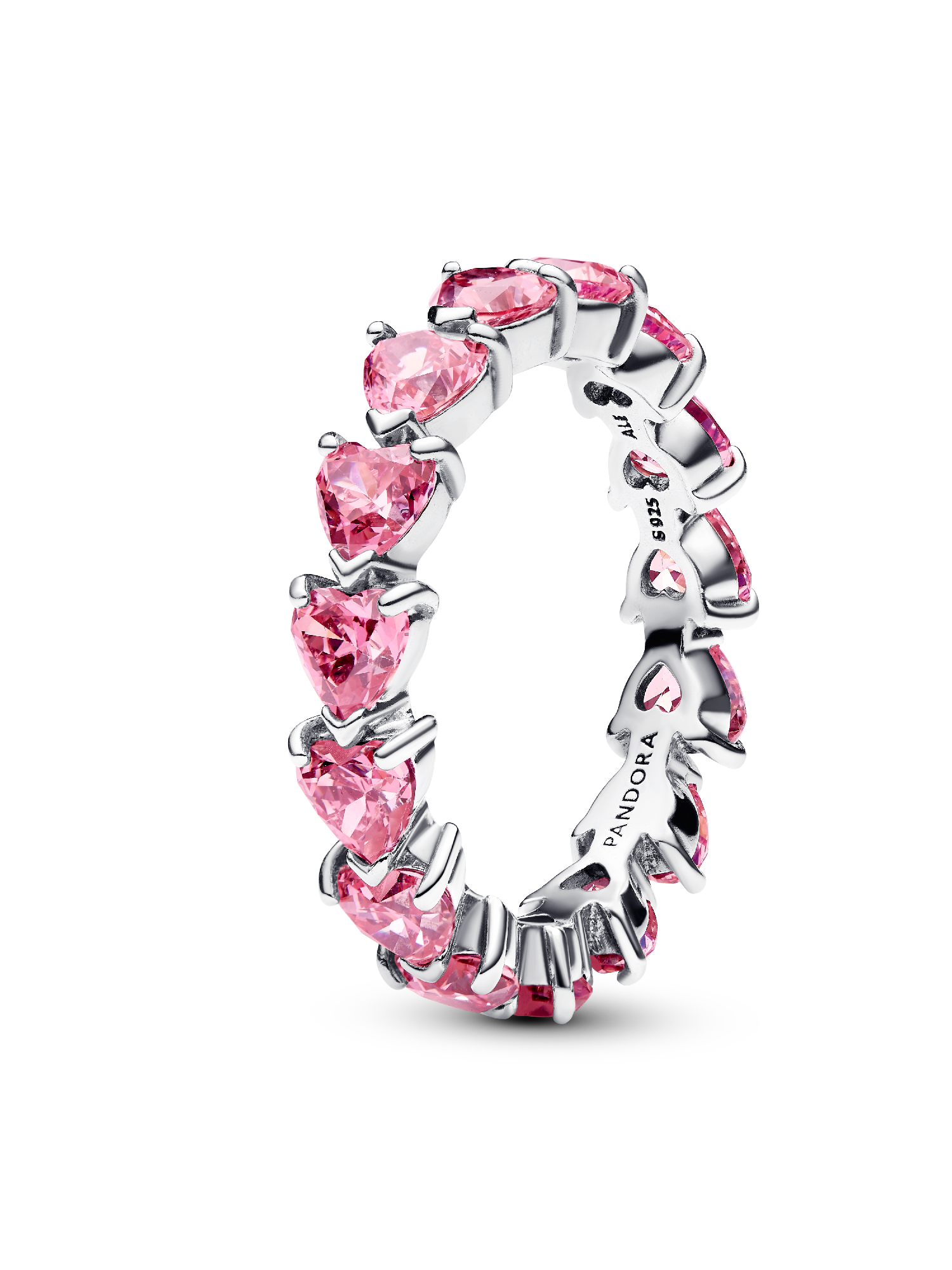 Anel Fileira de Corações Rosa Brilhantes