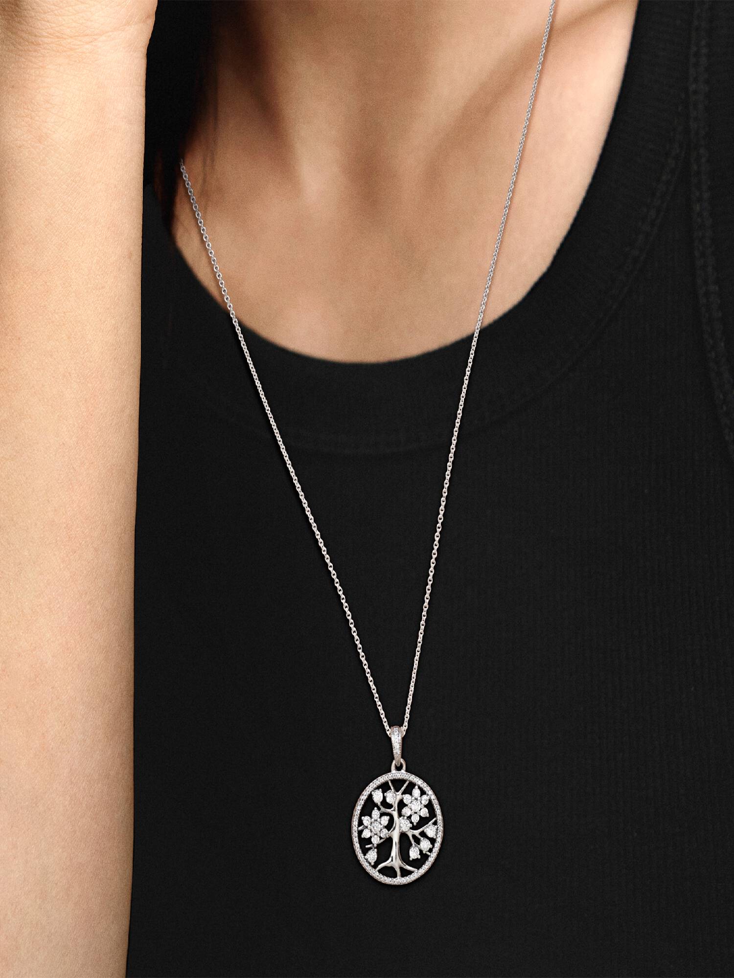 Family tree silver pendant with clear cubic zirconia and necklace