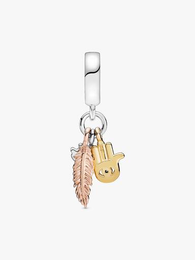 Charm Pendente Espiritualidade Mão de Hamsa, Olho que Tudo Vê e Pena