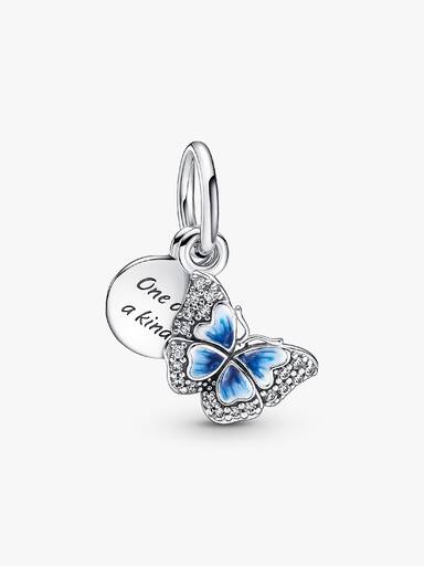 Charm pendente duplo com borboleta azul e citação
