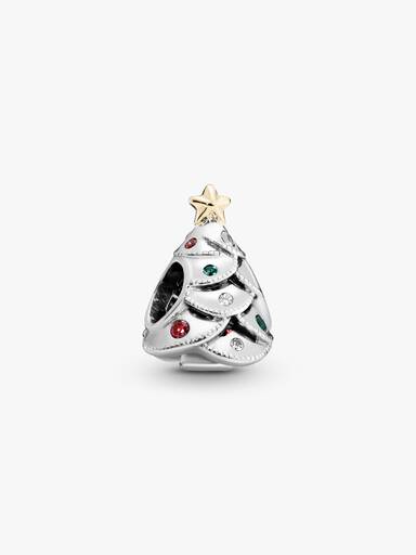 Christmas tree silver charm with 14k, clear cubic zirconia, red cubic zirconia and green crystal