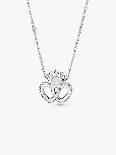 Interlocked crowned hearts silver pendant and necklace