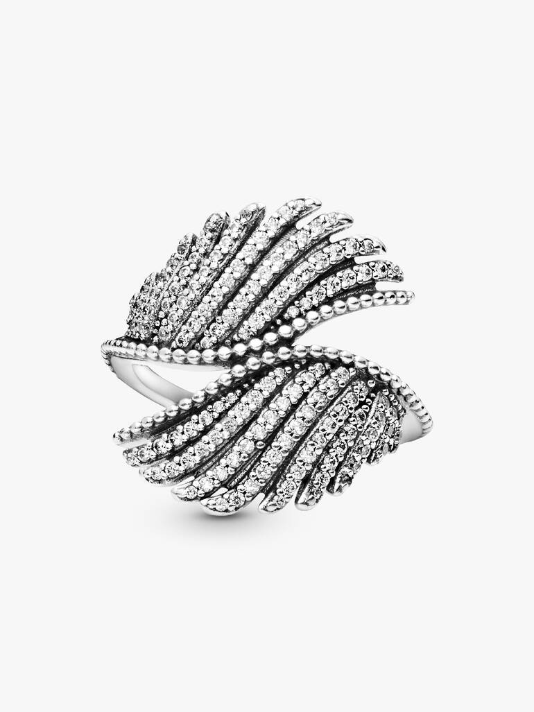 Phoenix feather silver ring with clear cubic zirconia