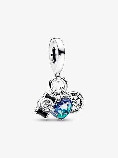 Charm Pendente Triplo Bússola, Câmera e Coração