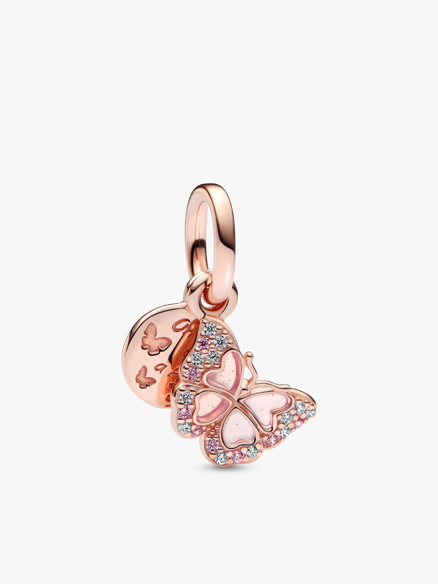 Charm pendente duplo com borboleta rosa e citação