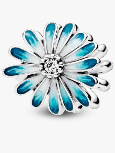 Daisy sterling silver charm with clear cubic zirconia and shaded blue enamel