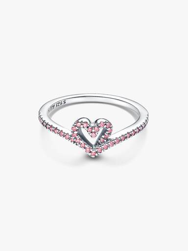 Anel Wishbone Brilhante de Coração Rosa
