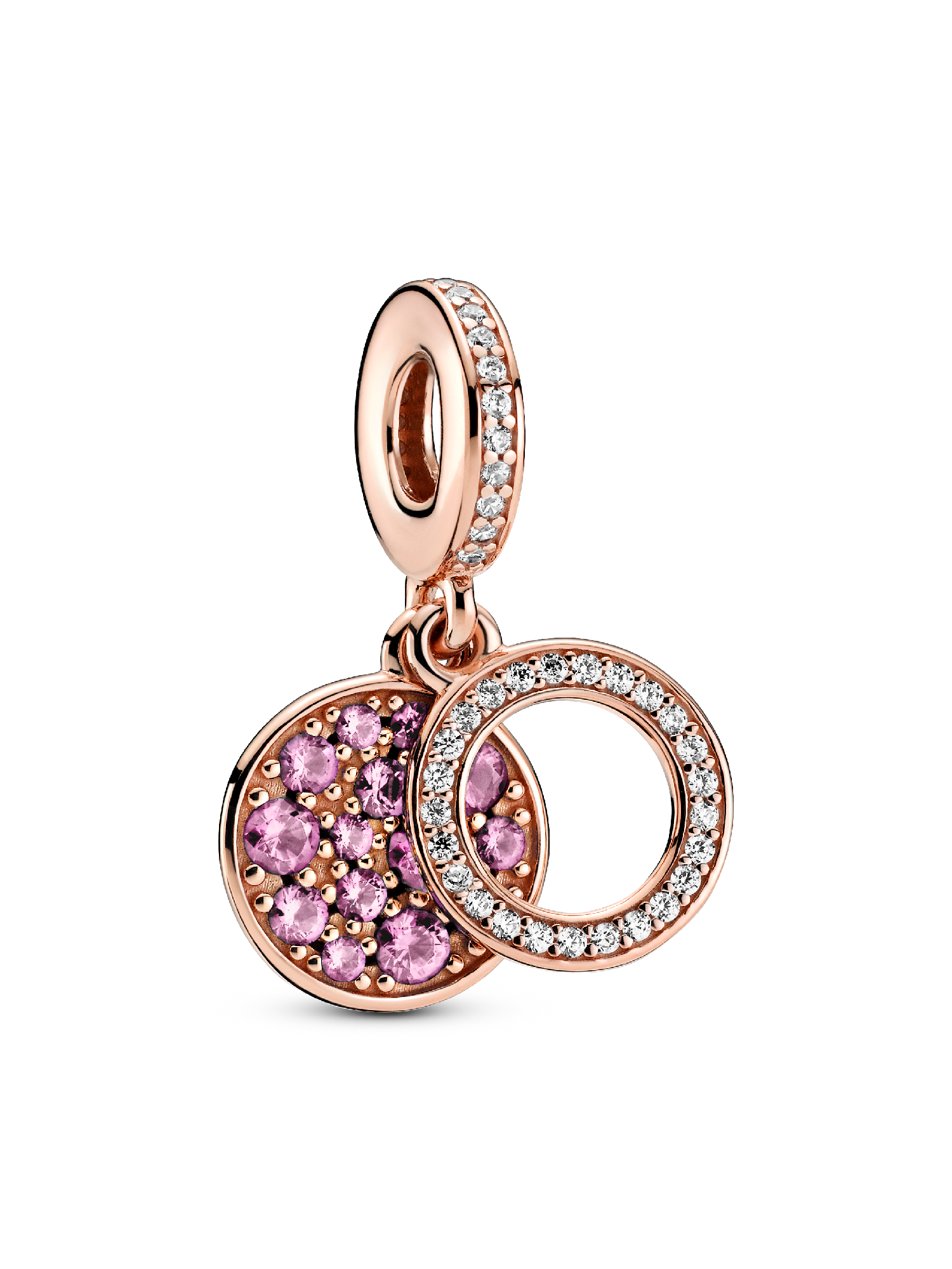 Circle and disc 14k rose gold-plated dangle with clear cubic zirconia and synthetic pink sapphire