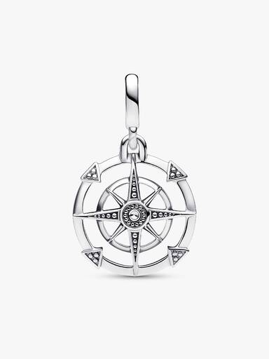 Compass sterling silver medallion with clear cubic zirconia
