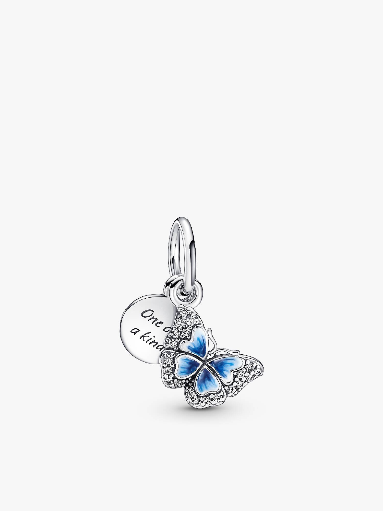 Charm pendente duplo com borboleta azul e citação
