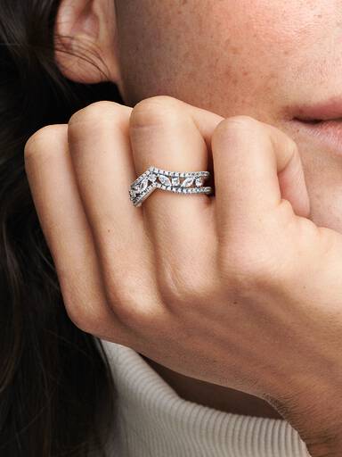 Wishbone sterling silver ring with clear cubic zirconia