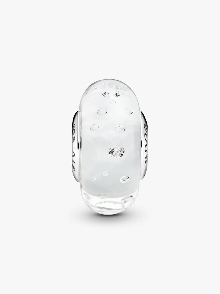 Abstract silver charm in white murano glass with cubic zirconia