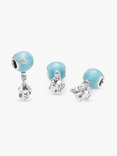 Balloon and elephant silver charm with blue enamel and clear cubic zirconia