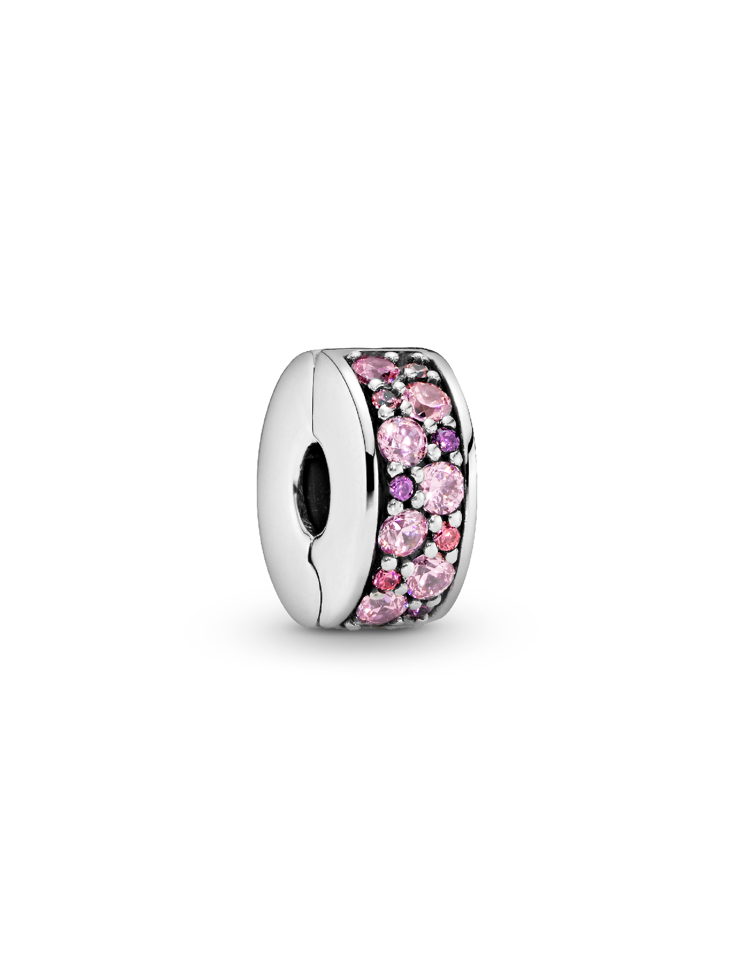 Silver clip with fancy pink, pink and fancy purple cubic zirconia and silicone grip