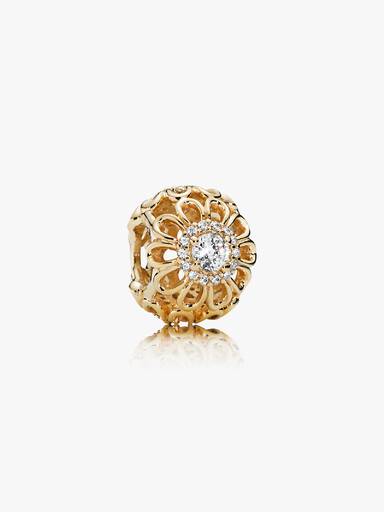 Openwork floral charm in 14k with clear cubic zirconia