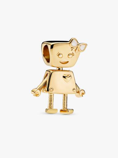 Robot girl 14k gold-plated charm with silver enamel
