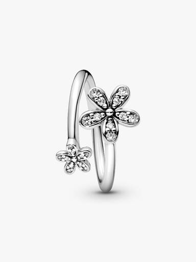 Open daisy silver ring with clear cubic zirconia