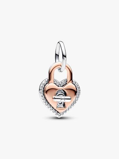 Charm pendente duplo de dois tons com cadeado de coração giratório.