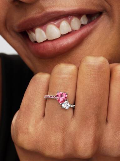 Anel de Coração Duplo Brilhante Rosa e Transparente