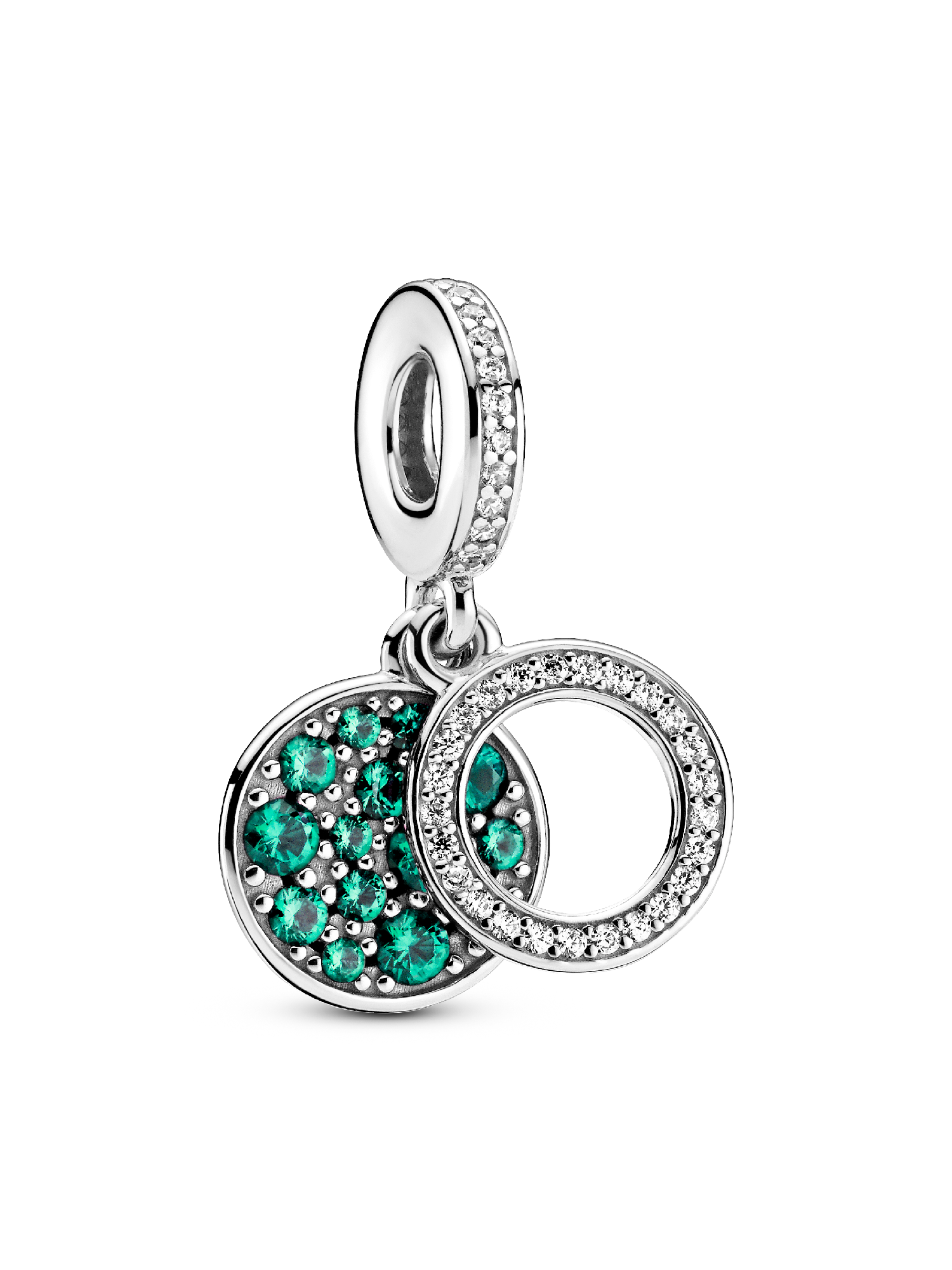 Circle and disc sterling silver dangle with royal green, aqua green crystal and clear cubic zirconia