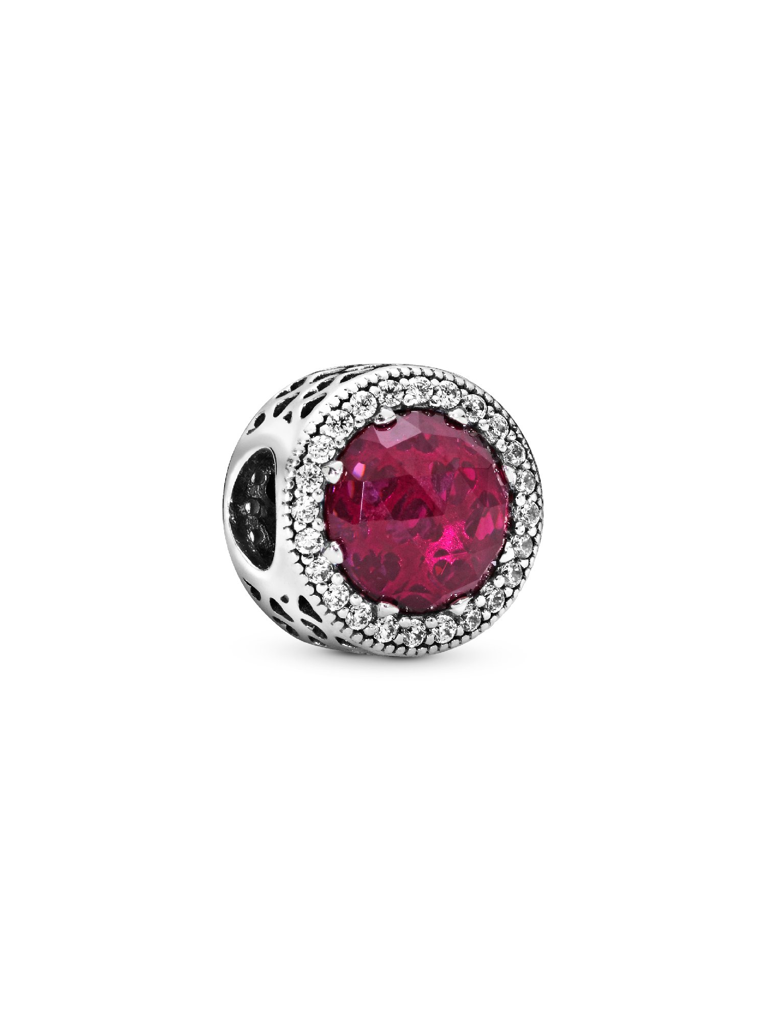 Abstract silver charm with cerise crystal and clear cubic zirconia