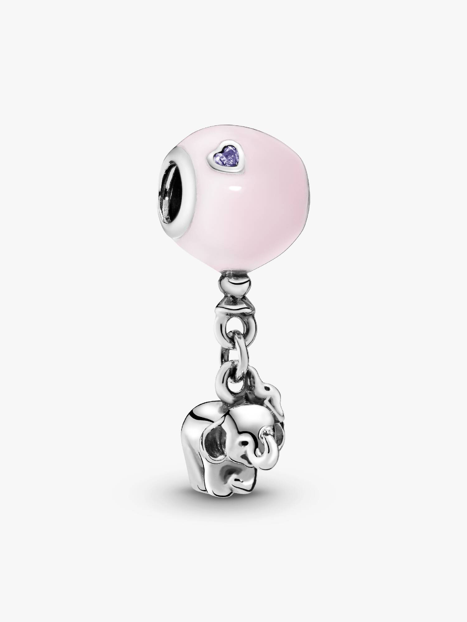 Balloon and elephant silver charm with pink enamel and royal purple crystal