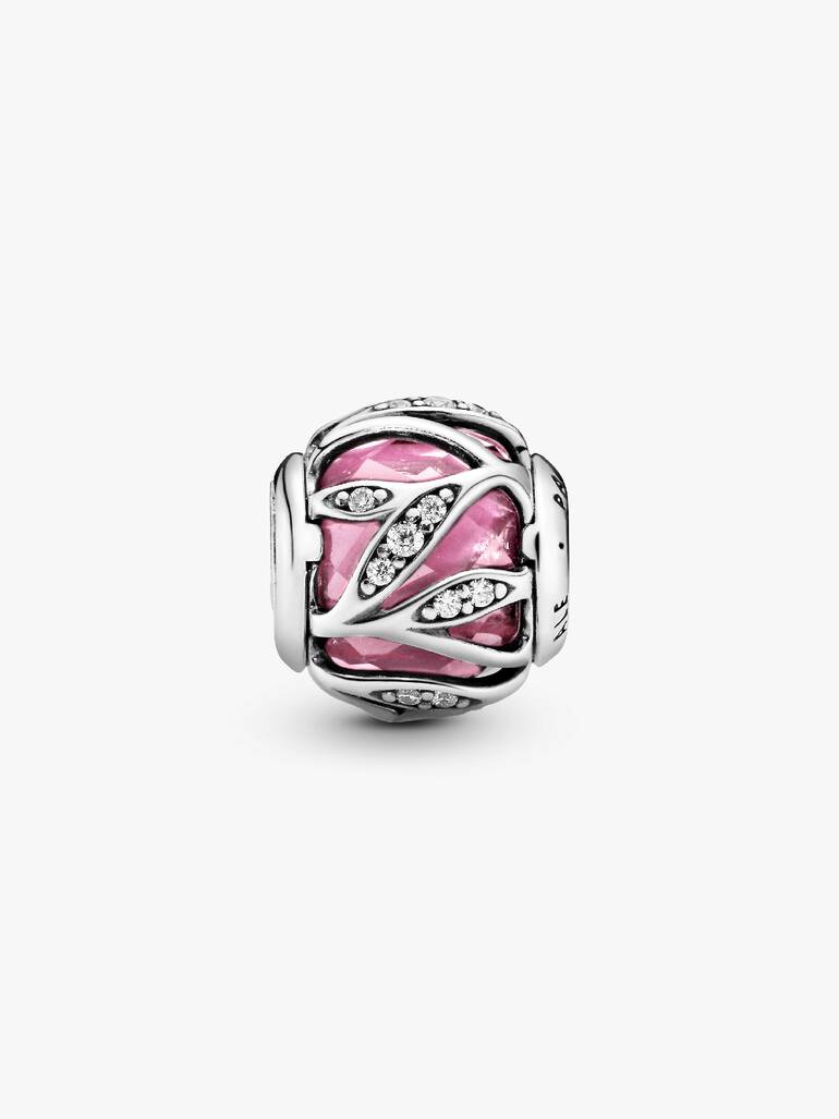 Abstract silver charm with faceted pink cubic zirconia and clear cubic zirconia