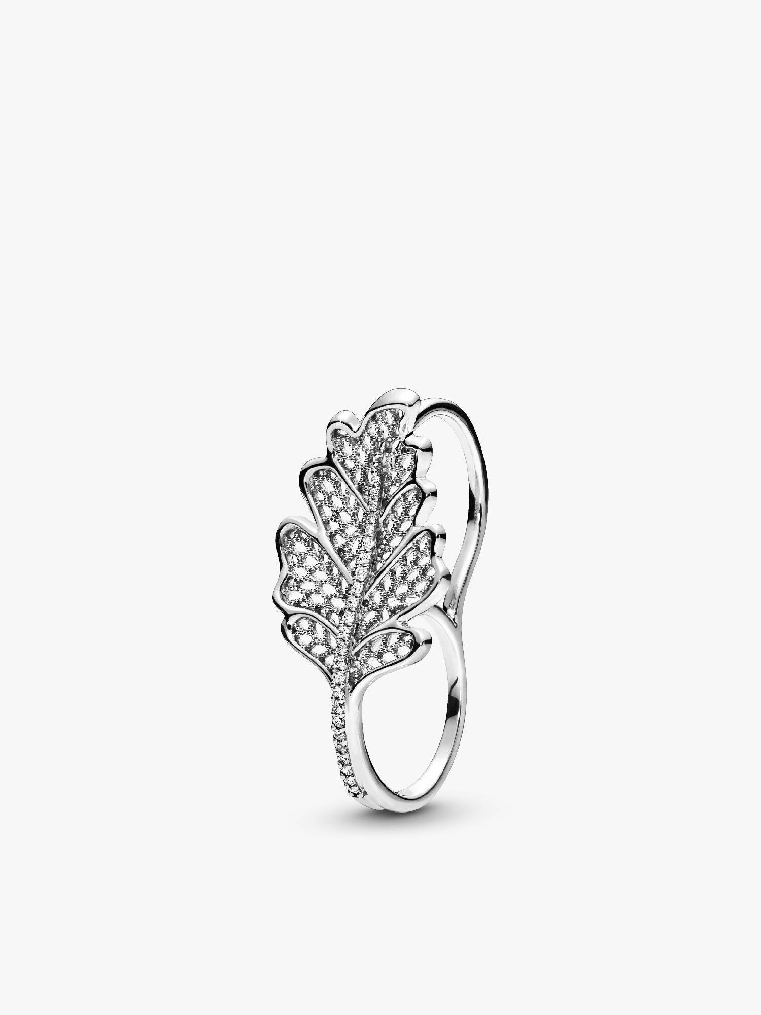Double finger oak leaf sterling silver ring with clear cubic zirconia