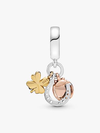 Horseshoe, clover and ladybird in silver, 14k gold-plated and 14k rose gold-plated dangle with clear cubic zirconia