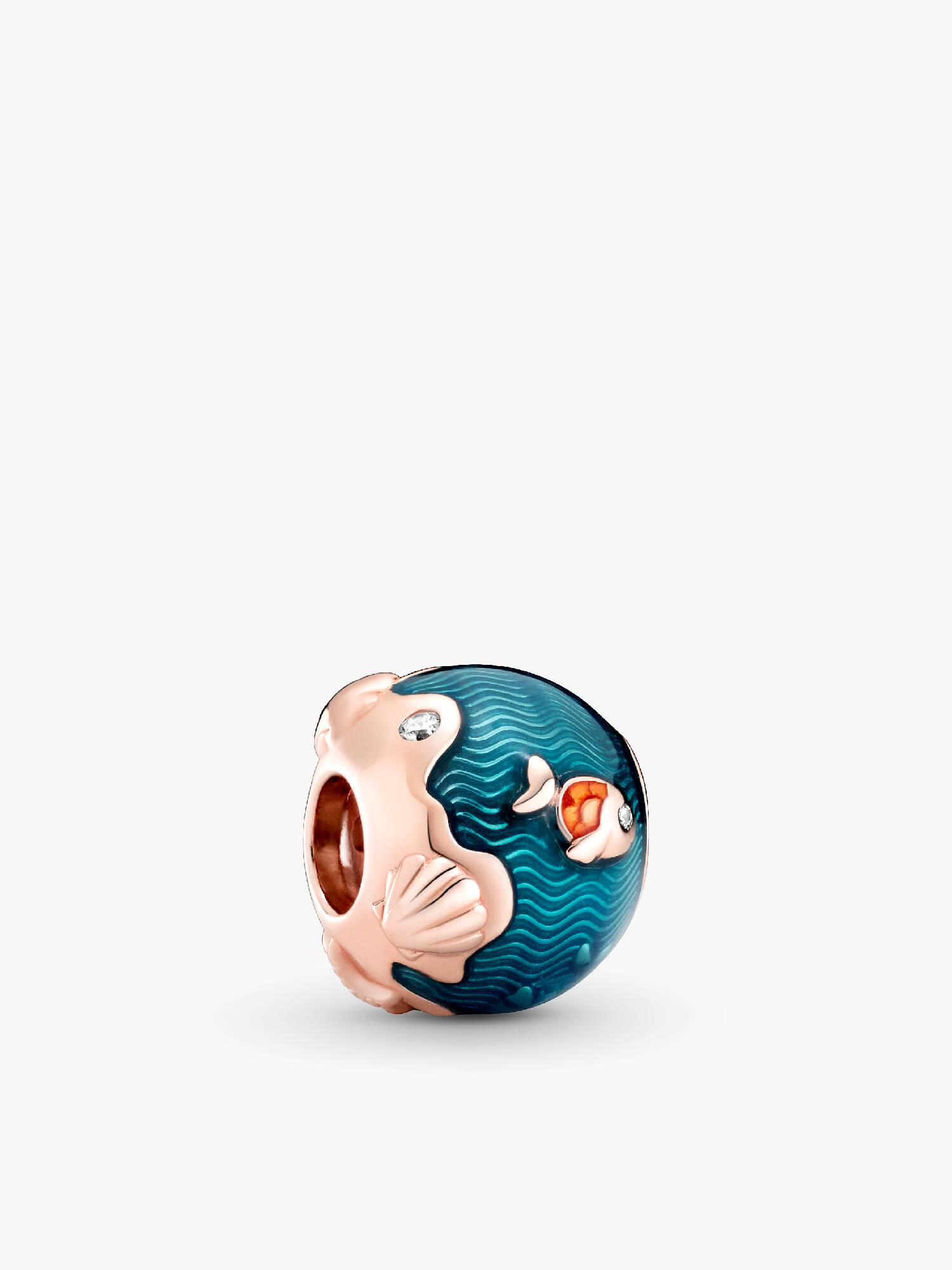 Fish and ocean 14k rose gold-plated charm with clear cubic zirconia and orange, blue enamel
