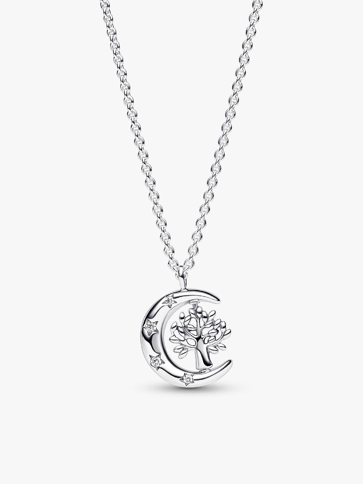 Crescent moon sterling silver pendant necklace with clear cubic zirconia
