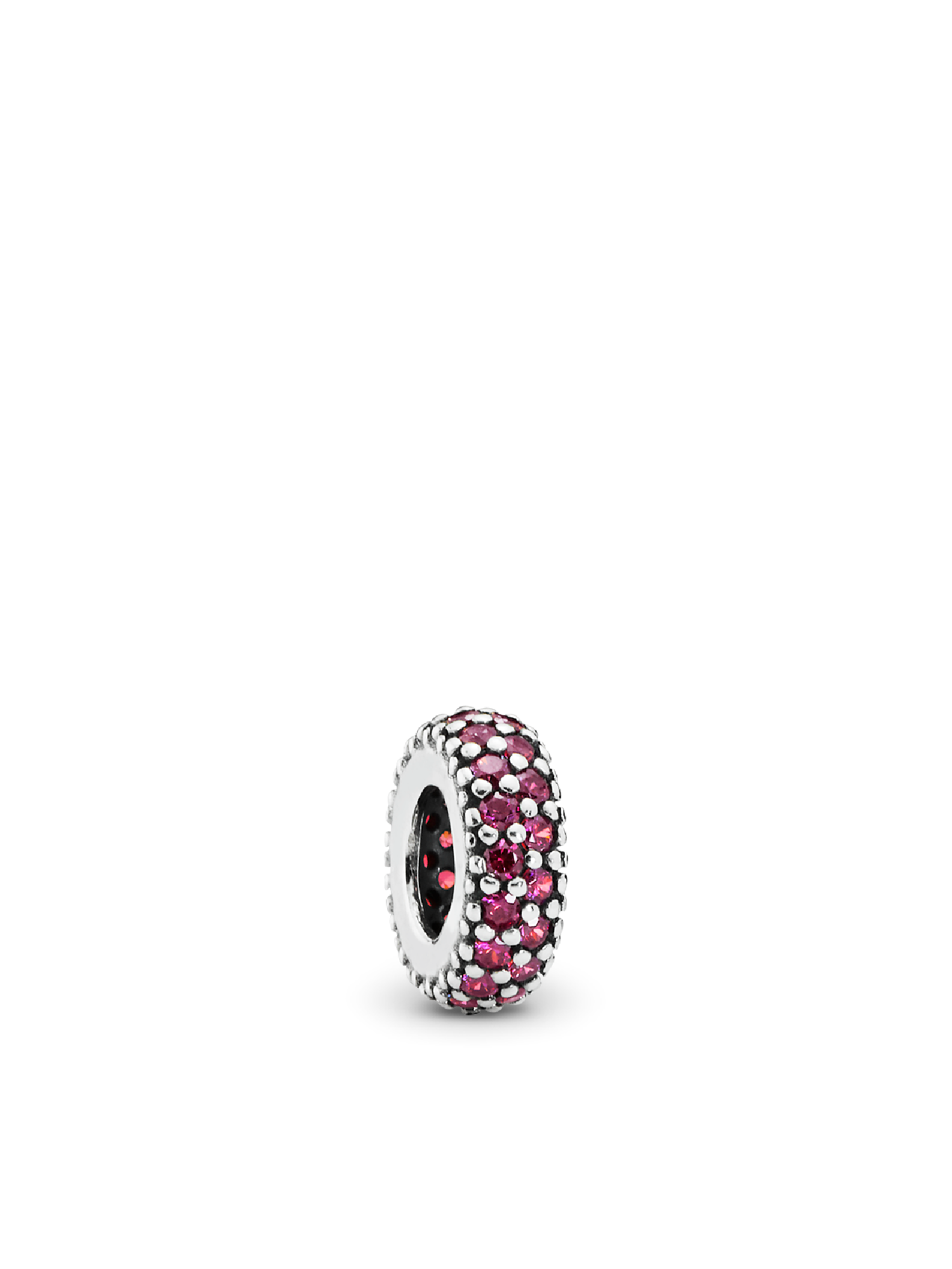 Abstract silver spacer with red cubic zirconia
