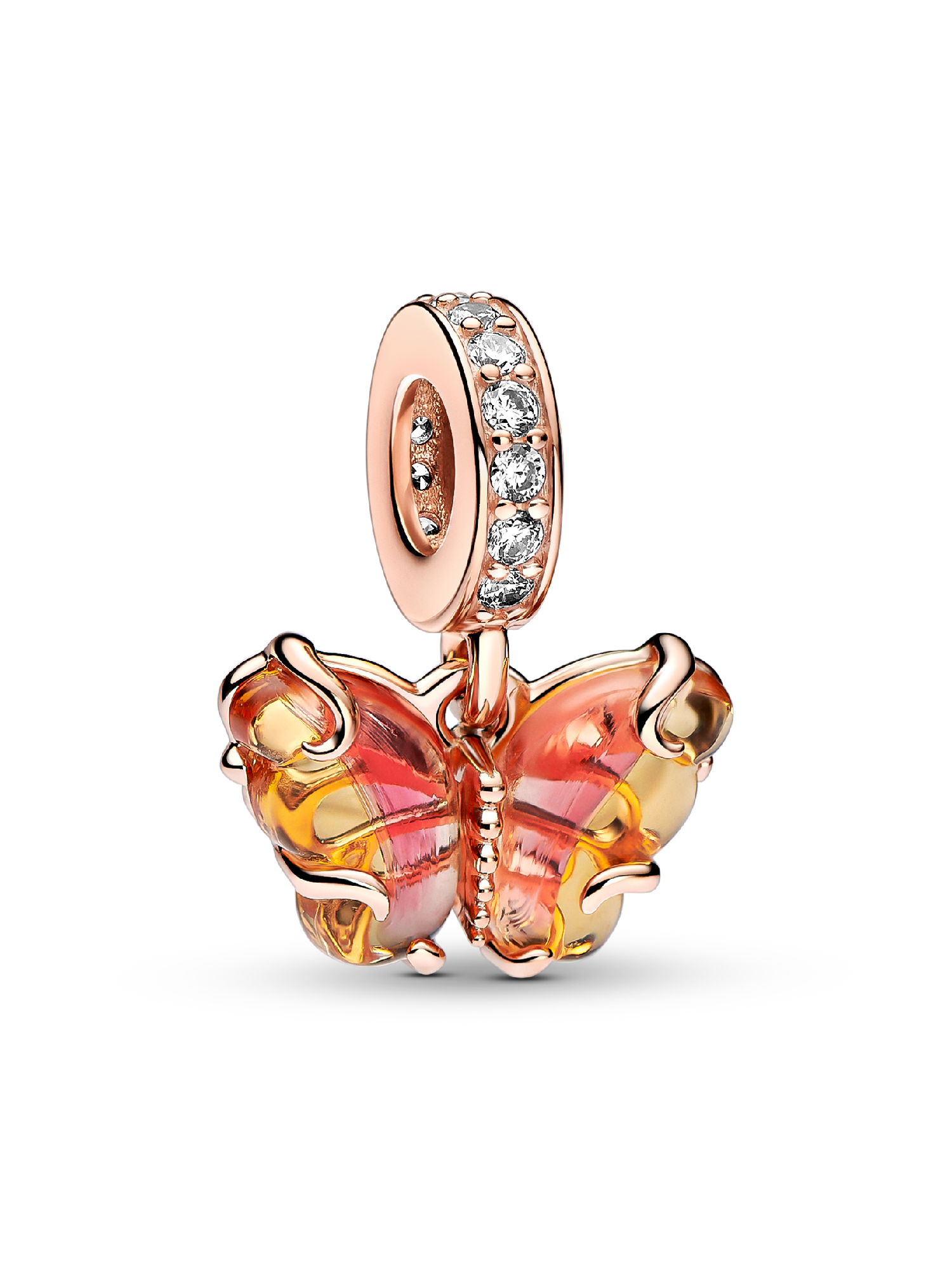 Charm pendente de borboleta em vidro de Murano rosa e amarelo