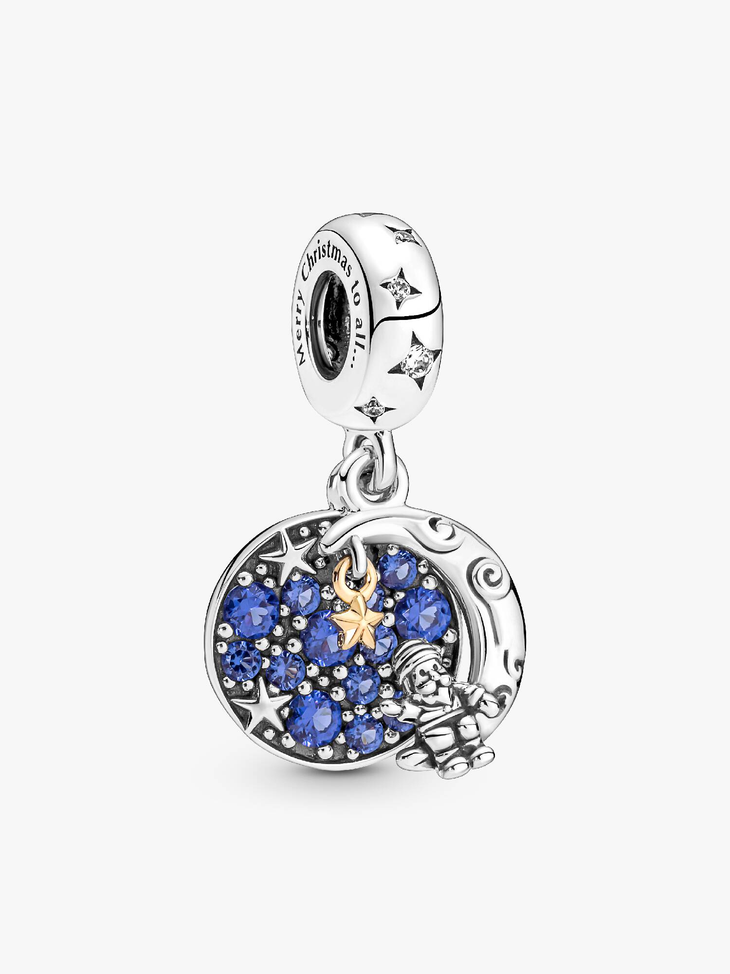Santa on moon sterling silver and 14k gold-plated dangle with stellar blue crystal and clear cubic zirconia